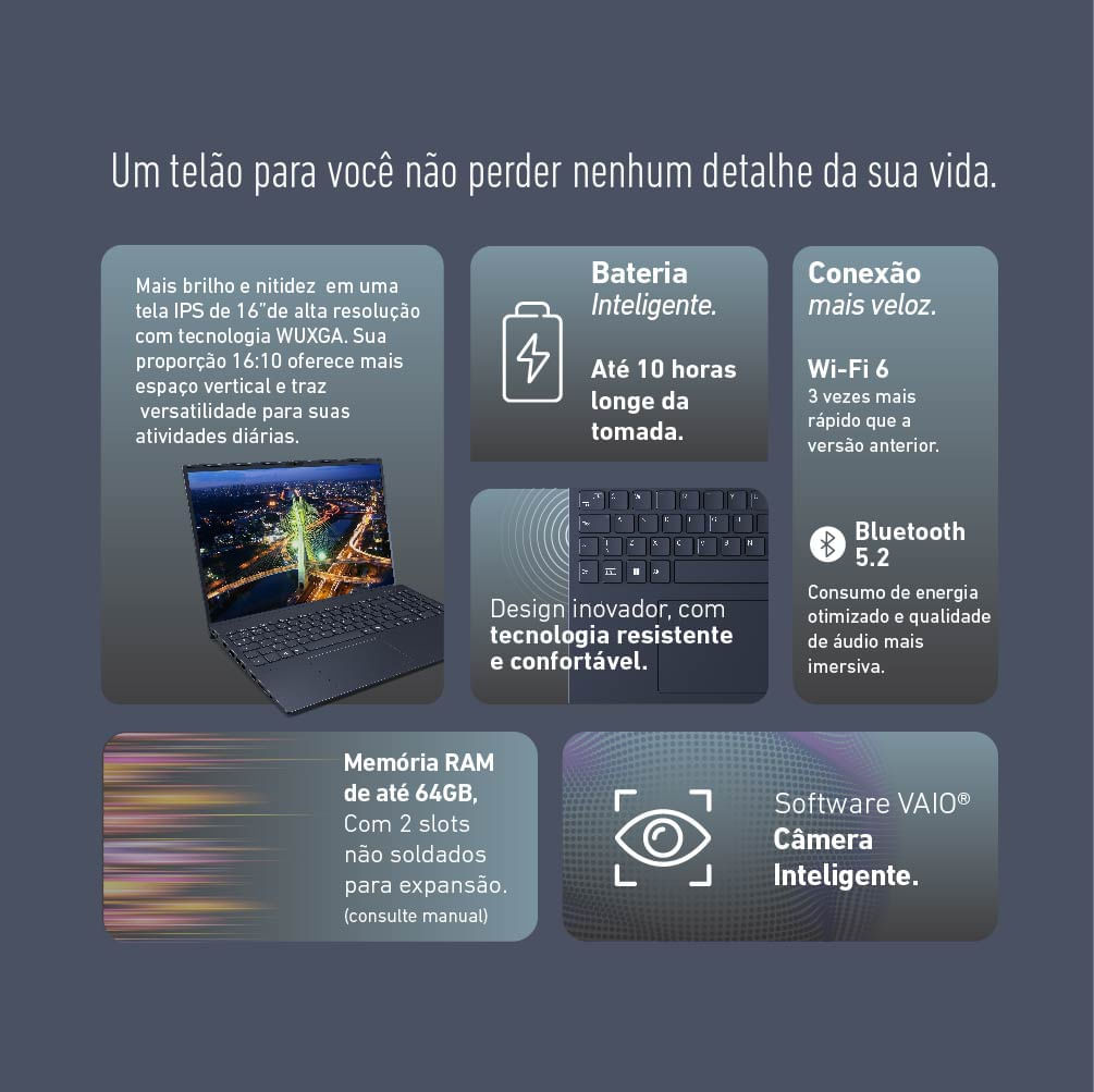 Notebook VAIO FE16 AMD® Ryzen 7-5825U Linux 16GB RAM 512GB SSD 16" IPS WUXGA Antirreflexo - Cinza Grafite