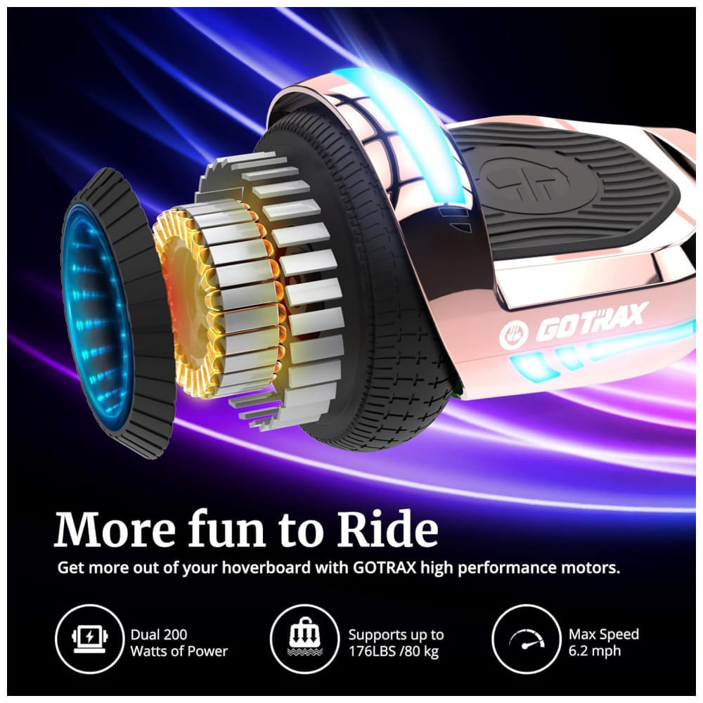 Miniatura Hoverboard Elétrico com Alto Falante, Auto Equilíbrio, Luz Led, Alcance de 9 km, h, 200W, Gotrax, Rosa