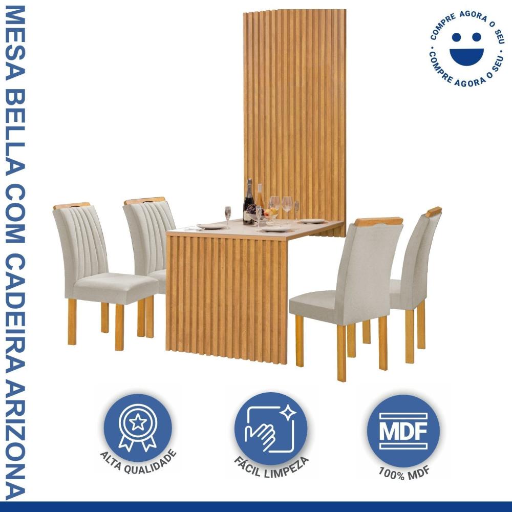 Conjunto Mesa Bella Ripada 120cm com 4 Cadeiras Arizona Tampo Bella com Vidro Cinamomo/Off White/Veludo Bege Claro