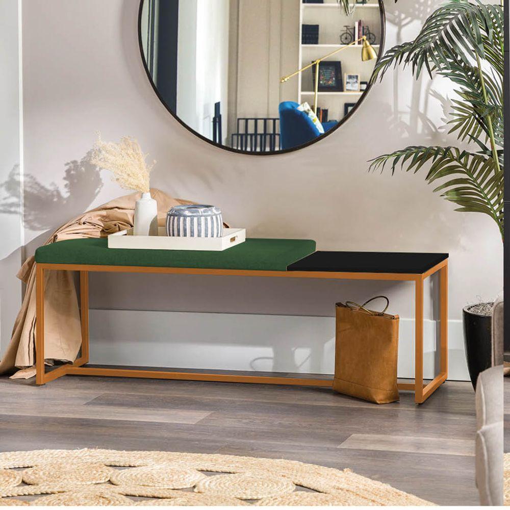 Miniatura Banco Recamier Puff 160cm Industrial Bronze Suede Verde Tampo Quadrado Preto