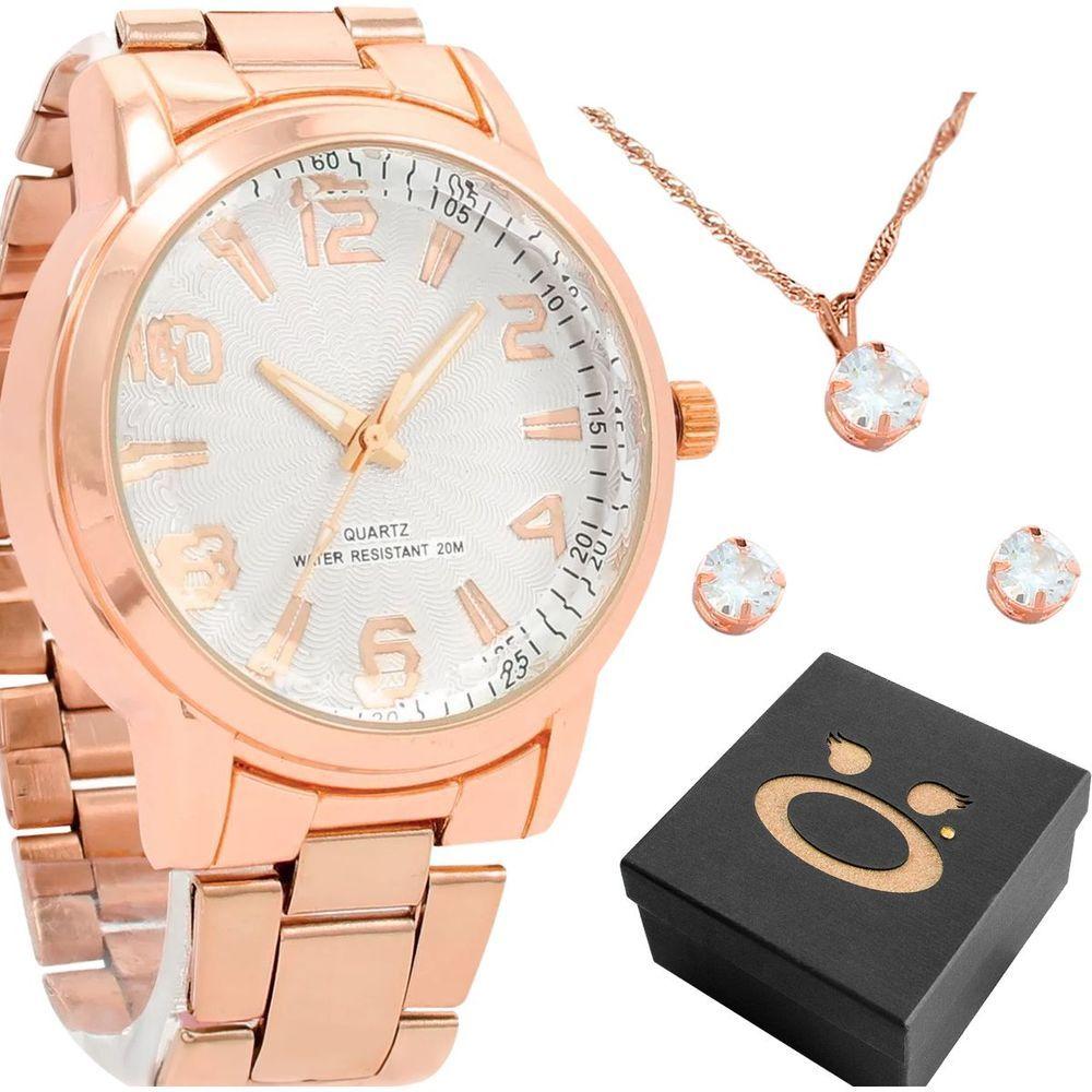 Miniatura Relogio Banhado Rose Feminino + Caixa + Brincos Strass Colar Aço Inox Resistente Presente Ponteiro