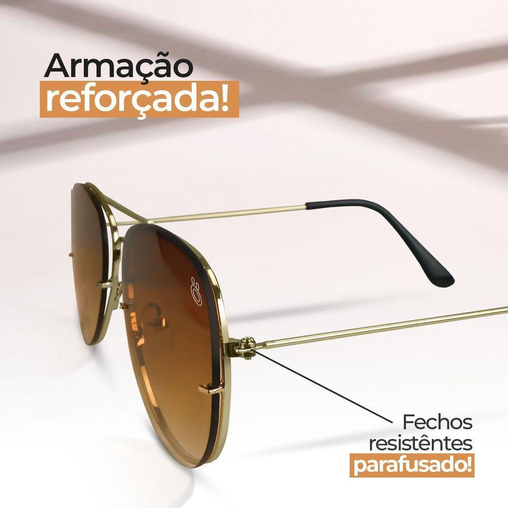 Miniatura Oculos Sol Feminino Aço Inoxidavel Marrom Aviador + Case Presente Lente Marrom Armação Dourada