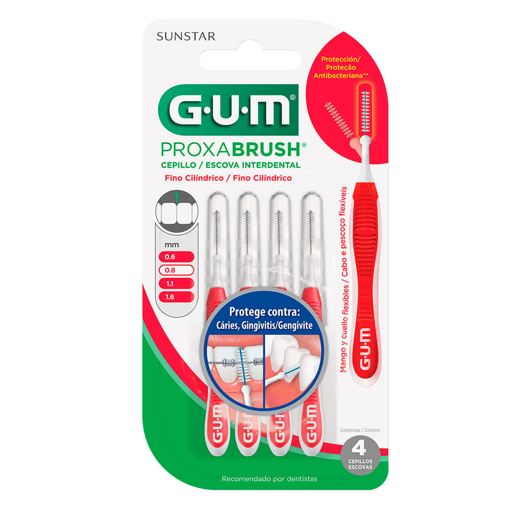 Miniatura Escova Interdental Gum Proxabrush 0,8mm Fino Cilíndro com 4 Unidades