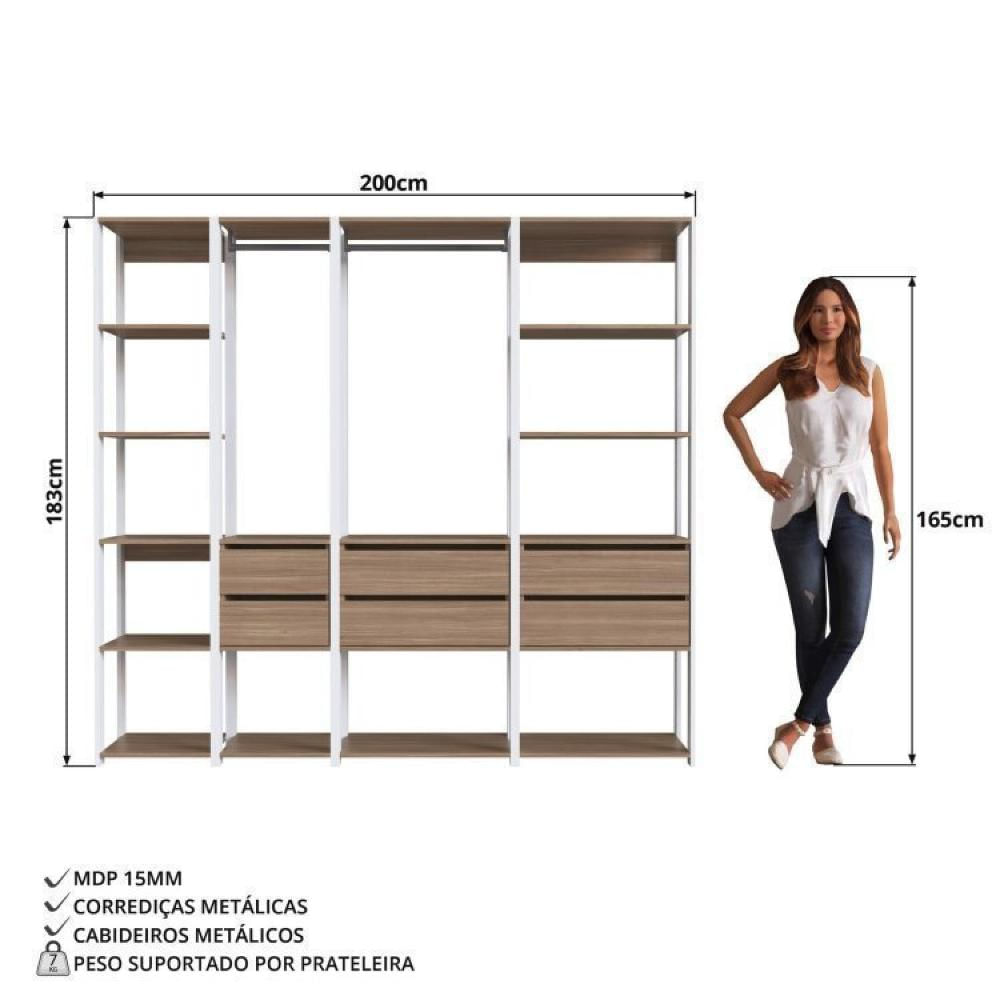 Guarda Roupa Closet 4 Peças com 2 Cabideiros 6 Gavetas e 11 Nichos Easy Branco/Montana
