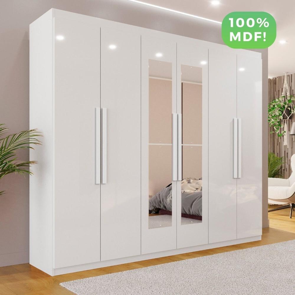 Guarda-Roupa Casal 6 Portas 4 Gavetas com Espelho 100% MDF Atlanta Branco Neve