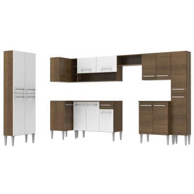 Miniatura Cozinha Completa de Canto Reto Madesa Emilly Live com Armário e Balcão 17 Portas 1 Gaveta Rustic/Branco Cor:Branco/Rustic