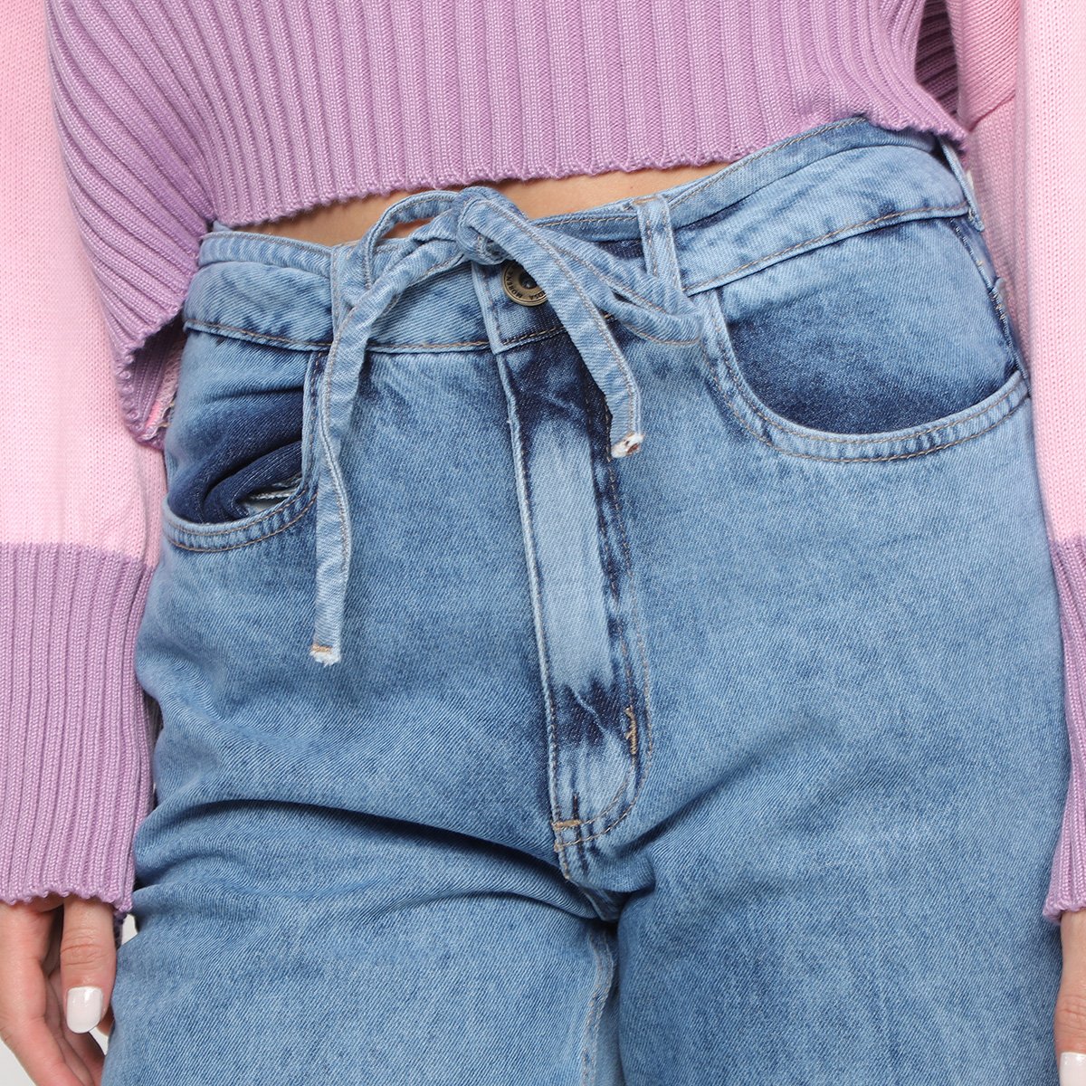 Miniatura Calça Jeans Wide Leg Morena Rosa Amarração Feminina Azul Claro - 42