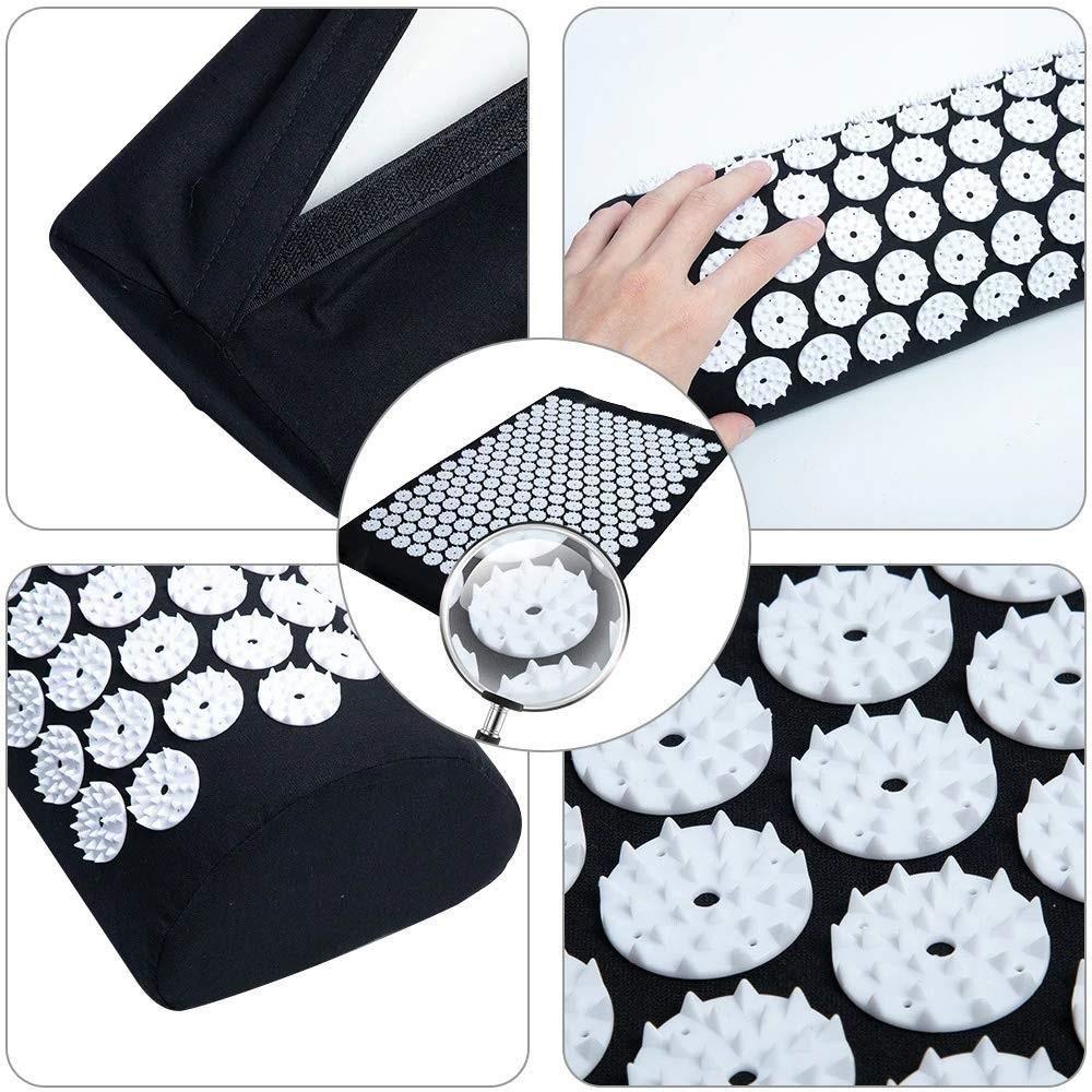 Kit Tapete Acupuntura Acupressao Com Colchonete Almofada Travesseiro Massageador Relaxamento Yoga Preto