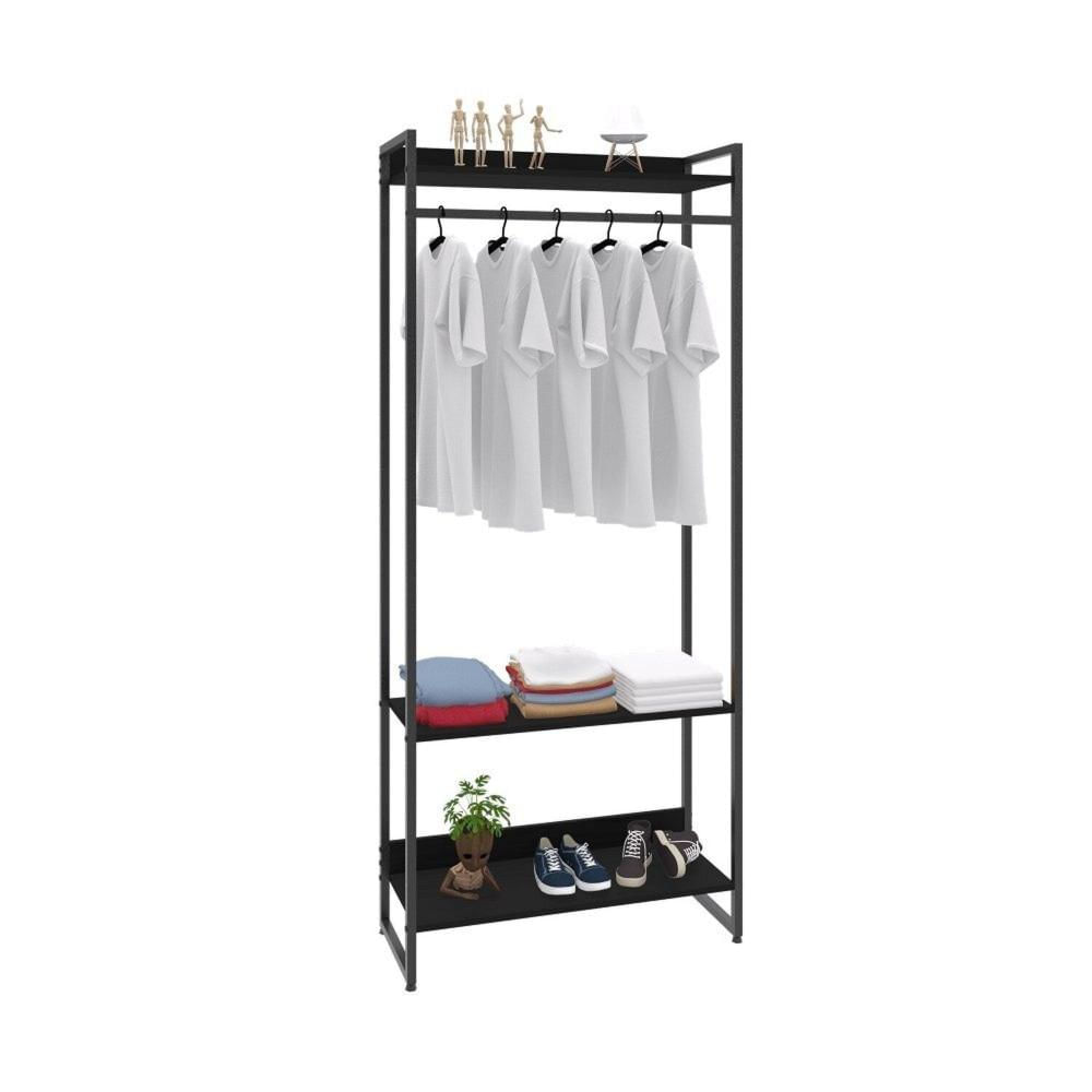 Miniatura Estante Closet Arara Industrial 3 Prateleiras 187x80cm Dynamica Yescasa Preto Ônix / Preto