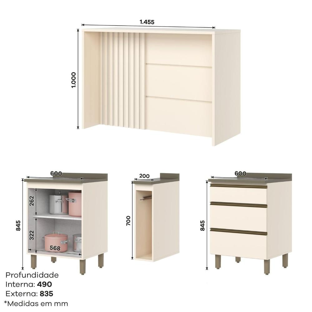 Miniatura Kit Ilha Gourmet 2 Portas 3 Gavetas com Tampo Connect Duna/Off White