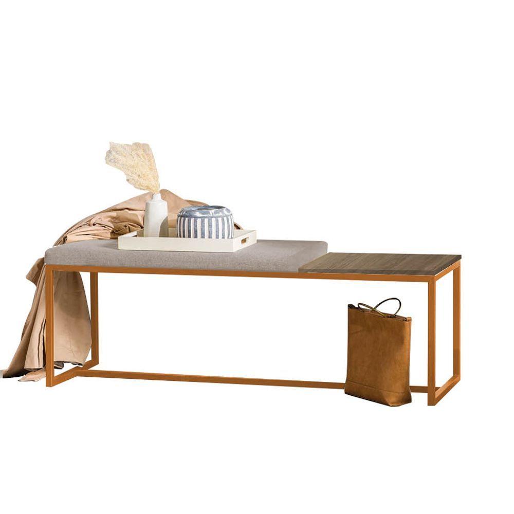 Miniatura Banco Recamier Puff London 195cm Industrial Bronze Sintético Bege Tampo Quadrado Mdf Rústico