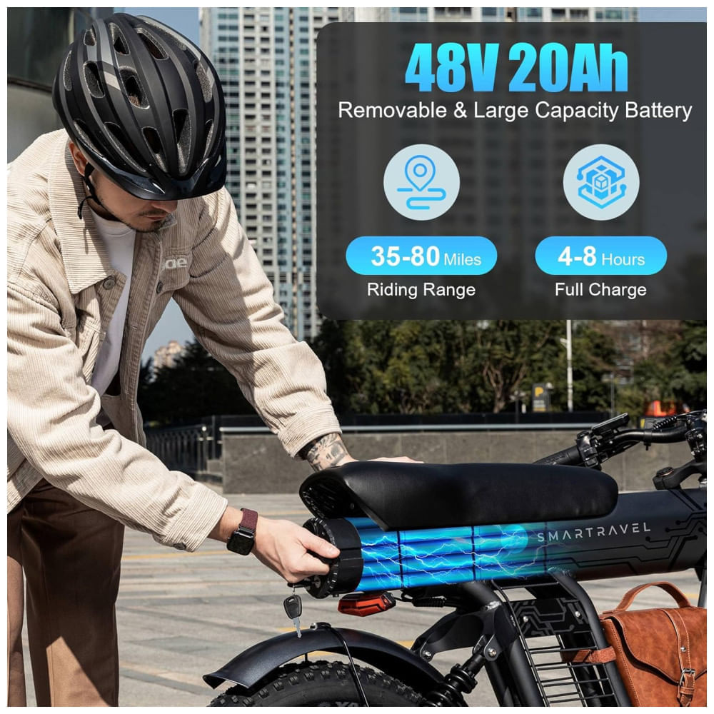 Miniatura Bicicleta Elétrica para Adultos com Velocidade até 50 km/h, Alcance 128 km, 5 Velocidades, Piscas Dianteiros e Traseiros, 1200W, SMARTRAVEL, Preto