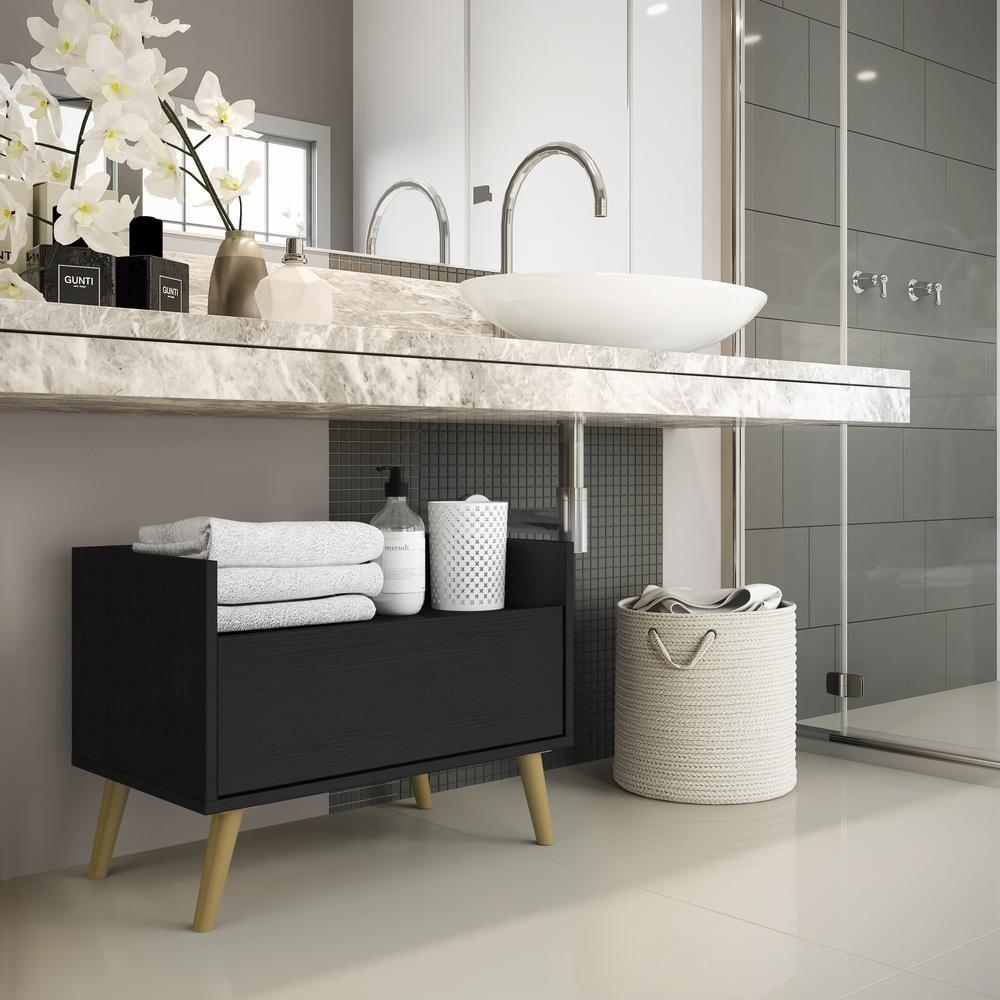 Gabinete Armário Banheiro 60 Cm com Pés Retrô Preto Natural