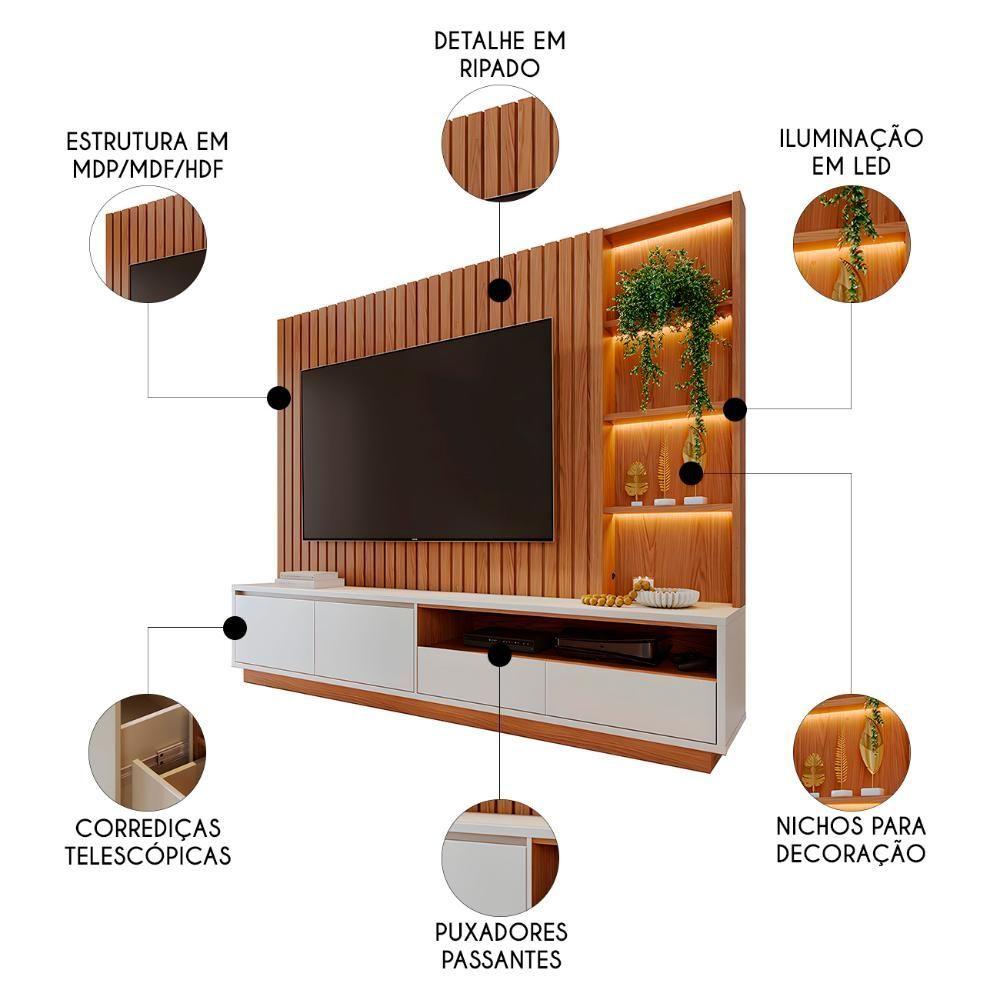 Miniatura Estante Painel TV 82 Polegadas 240cm Com Led Hawai Freijó Off White C05 - Mpozenato