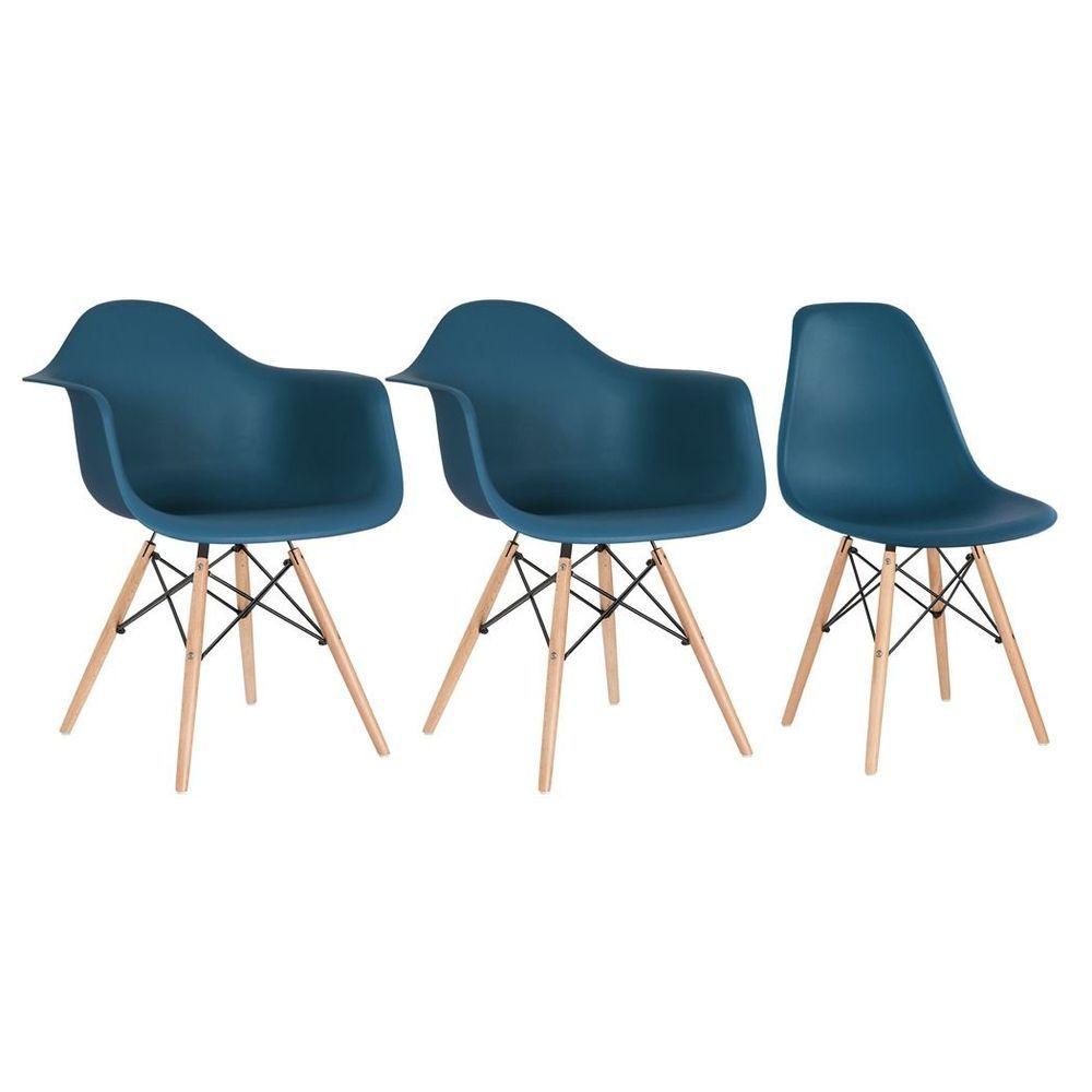 Kit 2 Cadeiras Eames Daw Com Braços + 1 Cadeiras Eiffel Dsw Azul Petróleo