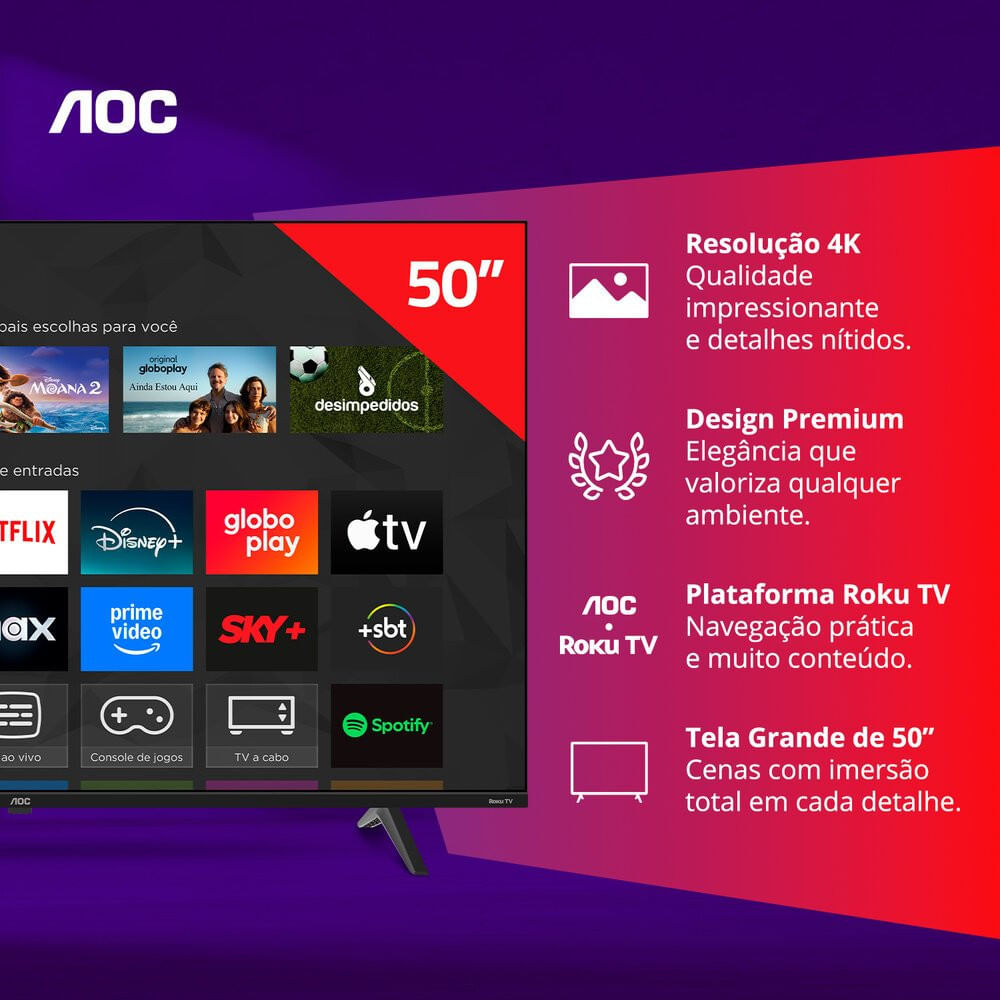Smart TV AOC 50 Polegadas, DLED, 4K, Roku TV - 50U7045/78G Preto - Bivolt