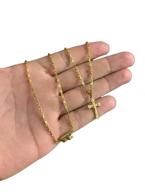Miniatura Cordão Tijolinho 1Mm + Pingente Cruz - Banhado A Ouro 18K