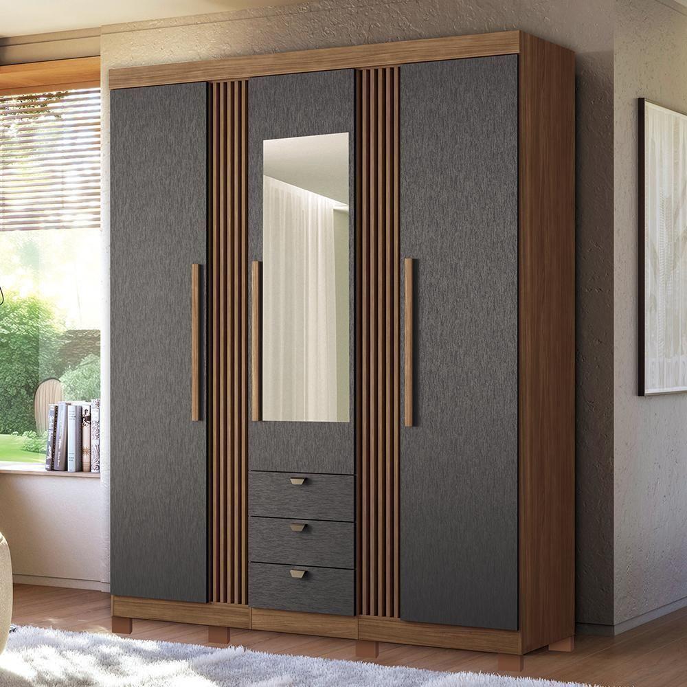 Miniatura Guarda Roupa Aurora 3.3 Ripado 3 Portas E 3 Gavetas Jatobá-grafite Com Espelho E Pés - Santos Andirá Jatobá-grafite