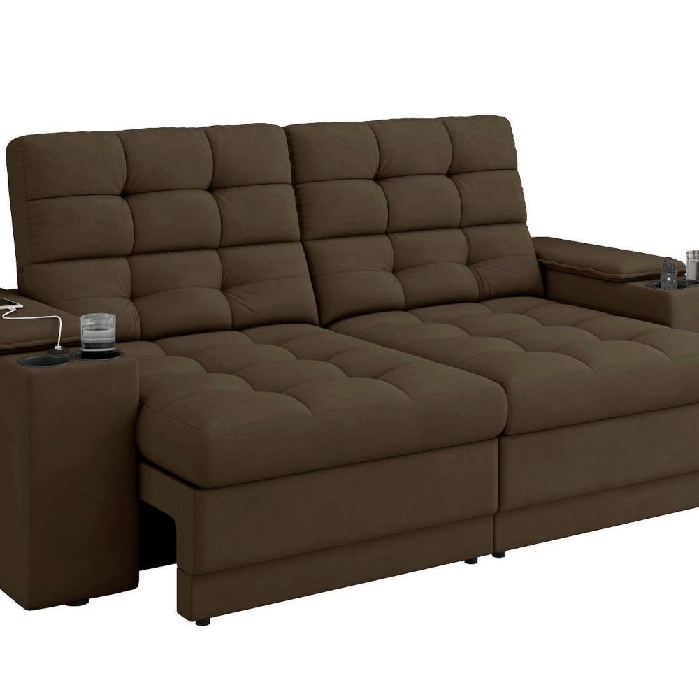 Miniatura Sofá Kansas Vel Copo/usb 205 Cm Retrátil e Reclinável 3 Lugares Marrom