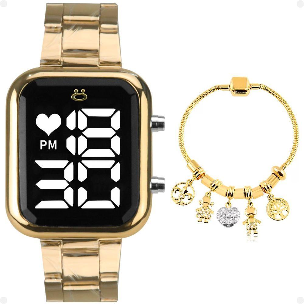 Miniatura Pulseira Pandora + Relogio Feminino Dourado Digital