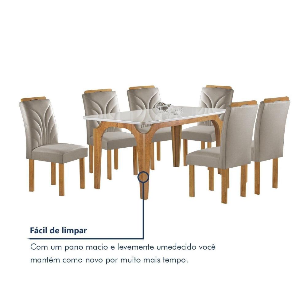 Conjunto Mesa Melina 170cm X 90cm com 6 Cadeiras Carolina Tampo Smart Plus com Vidro Cinamomo/Off White/Bege Claro