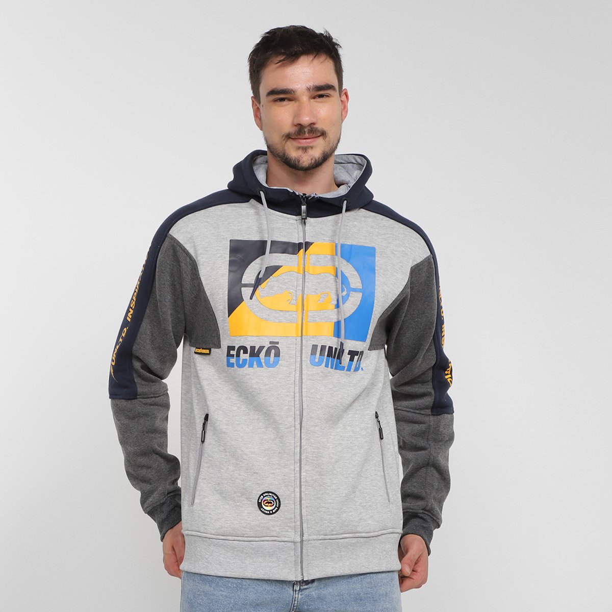 Miniatura Jaqueta Ecko Unltd Estampada com Capuz Masculina Gelo+Grafite - G
