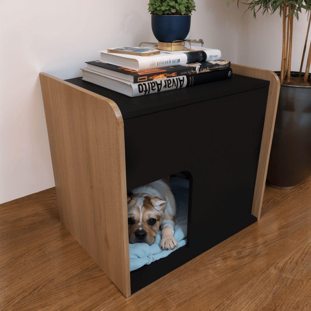 Miniatura Mesa De Cabeceira Cama Pet Cães 45x45x40 Preto E Madeirado