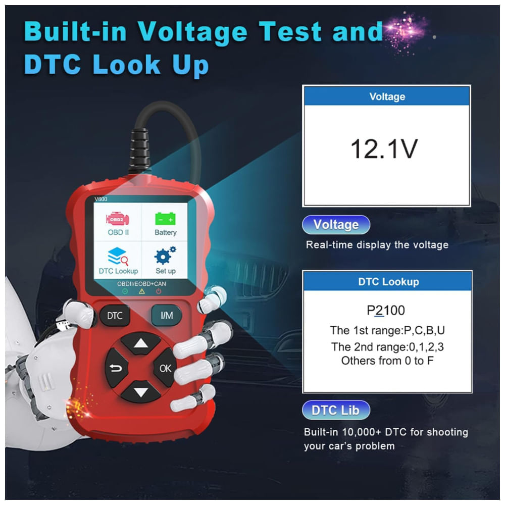 Scanner OBD2 Xiauodo V600 Plug and Play para Carros: Leia e Limpe Códigos de Erro, Monitore Tensão