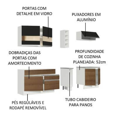 Miniatura Cozinha Completa Madesa Parma com Armário e Balcão (Sem tampo e Pia) Branco/Rustic/Preto Cor:Branco/Rustic/Preto