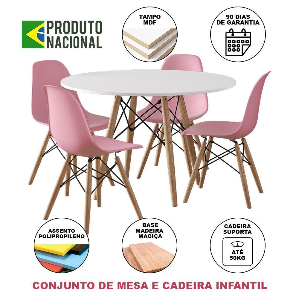 Miniatura Conjunto Eames Eiffel Madeira Tampo 68Cm Redondo Branco 4 Cadeiras Rosa