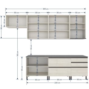 Cozinha Bartira Cristal com 10 Portas, 3 Gavetas, 5 Prateleiras e Nicho para Micro-ondas - 240cm de largura - Freixo Freixo