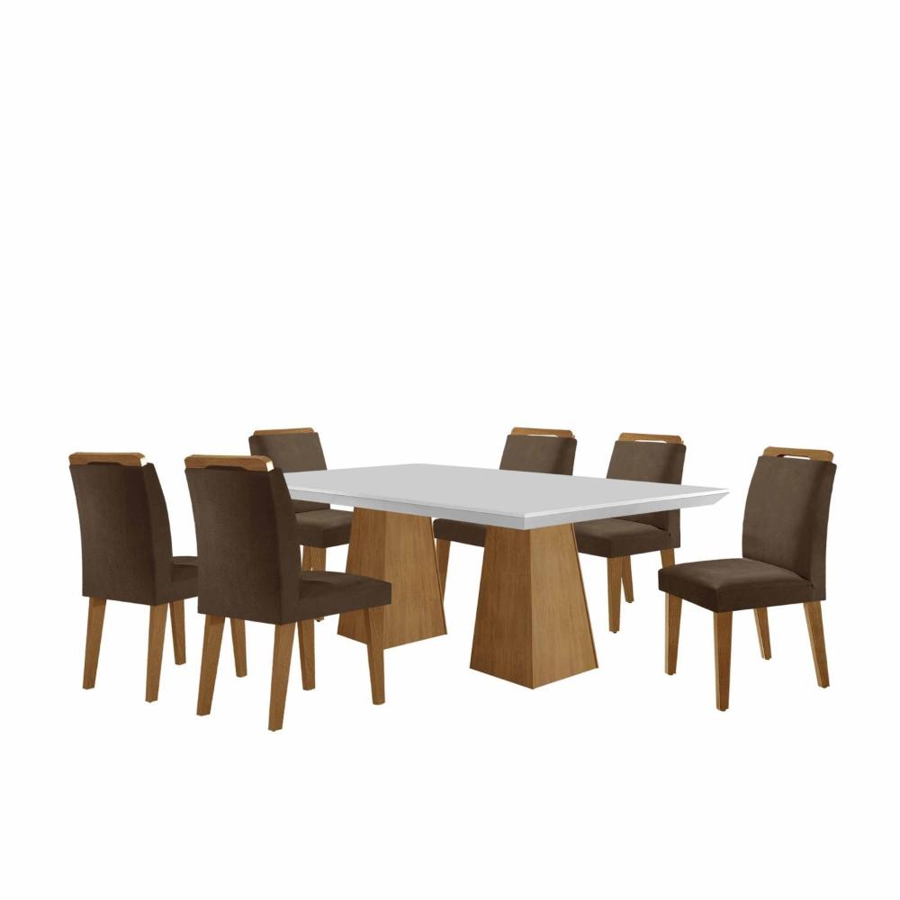 Miniatura Mesa Inovare 180 Tp Mdf Vidro/canto Reto com 6 Cadeiras Bugatti Marrom / Off White /Imbuia Ripado
