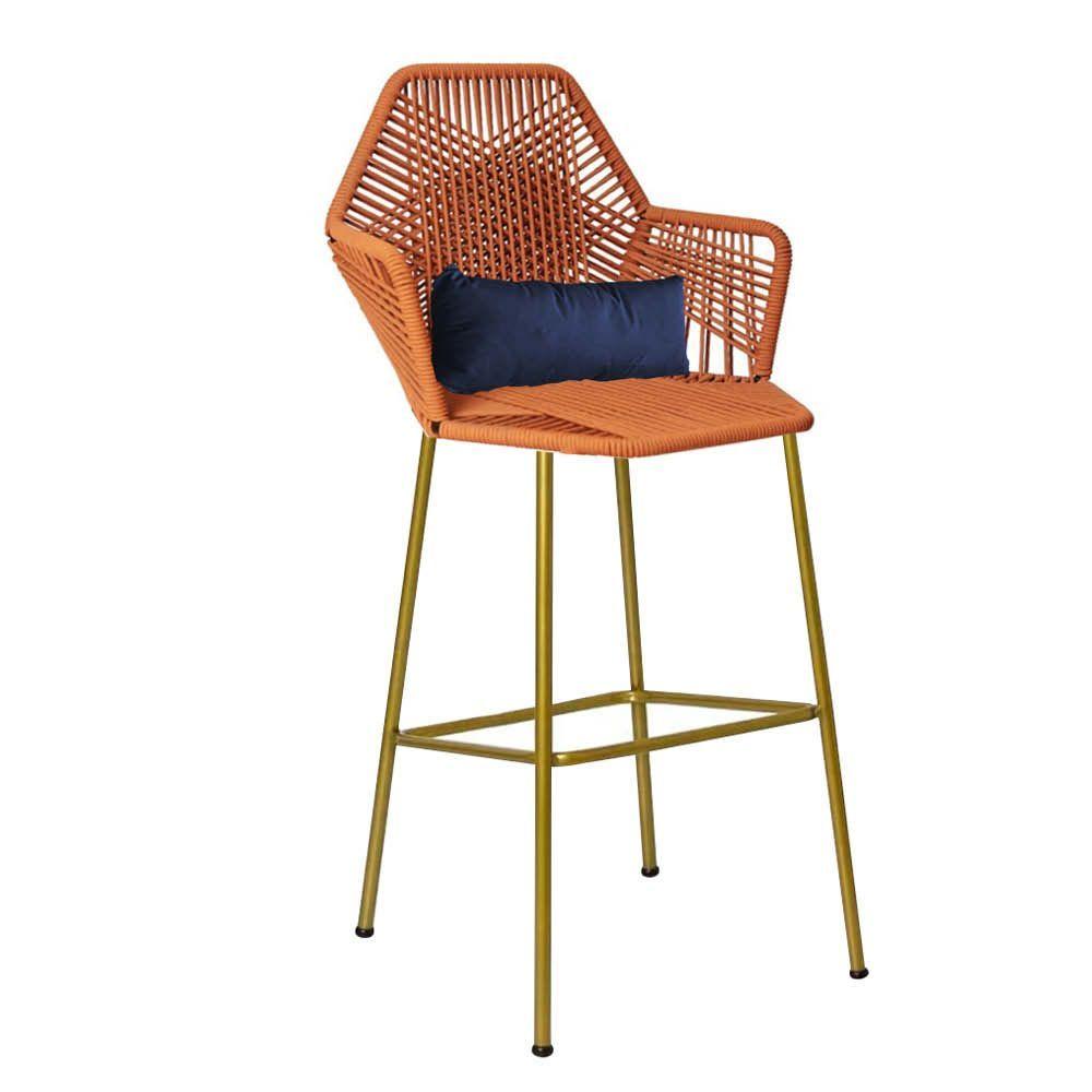 Miniatura Banqueta Alta Com Encosto Ferro Dourado Fibra Terracota Almofada Corino Azul Marinho