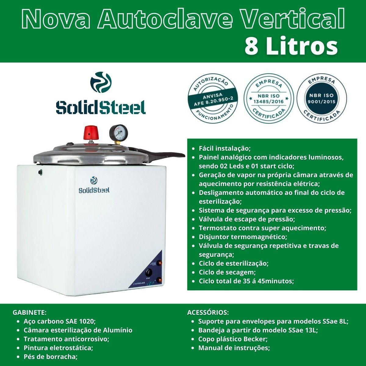 Miniatura Autoclave 8L Anvisa Instrumento Cirúrgico Solid Steel - 110V