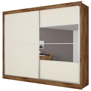 Miniatura Guarda-Roupa Casal Móveis Europa Londres Flex com Espelho, 2 Portas de Correr e 4 Gavetas - 205cm de largura Brauna/Off White