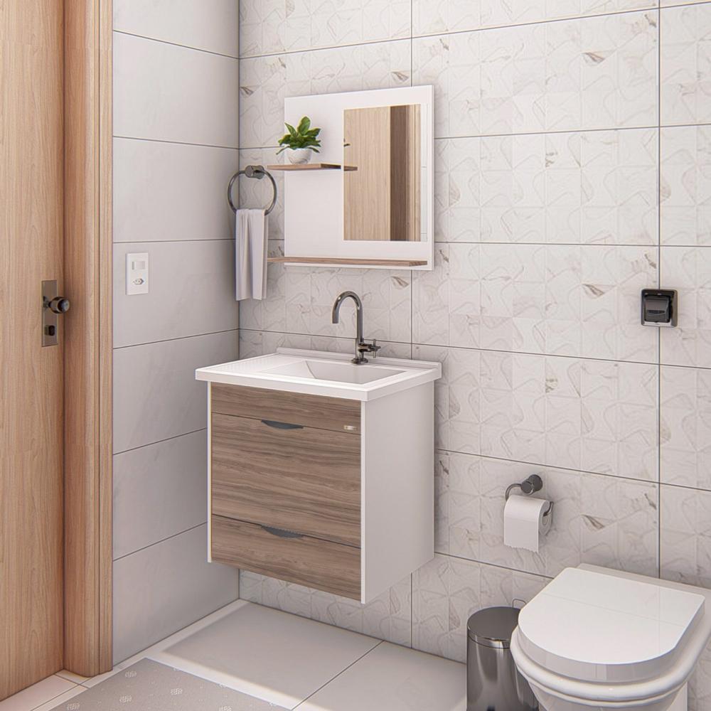 Miniatura Conjunto Gabinete de Banheiro Suspenso 1 Gaveta com Espelheira e Cuba Nogal Sevilha