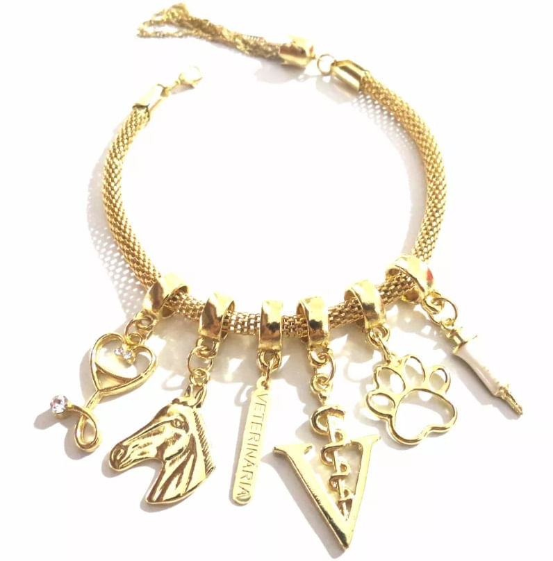 Miniatura Pulseira Berloques Cavalo Veterinária Folheado a Ouro 18k