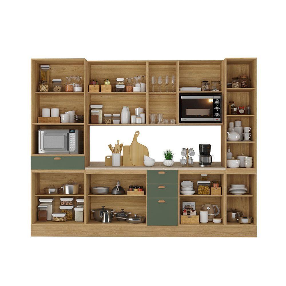 Miniatura Cozinha Modulada Completa Com Bancada Ilha 8 Peças Com Tampo Freijó/verde Amalfi