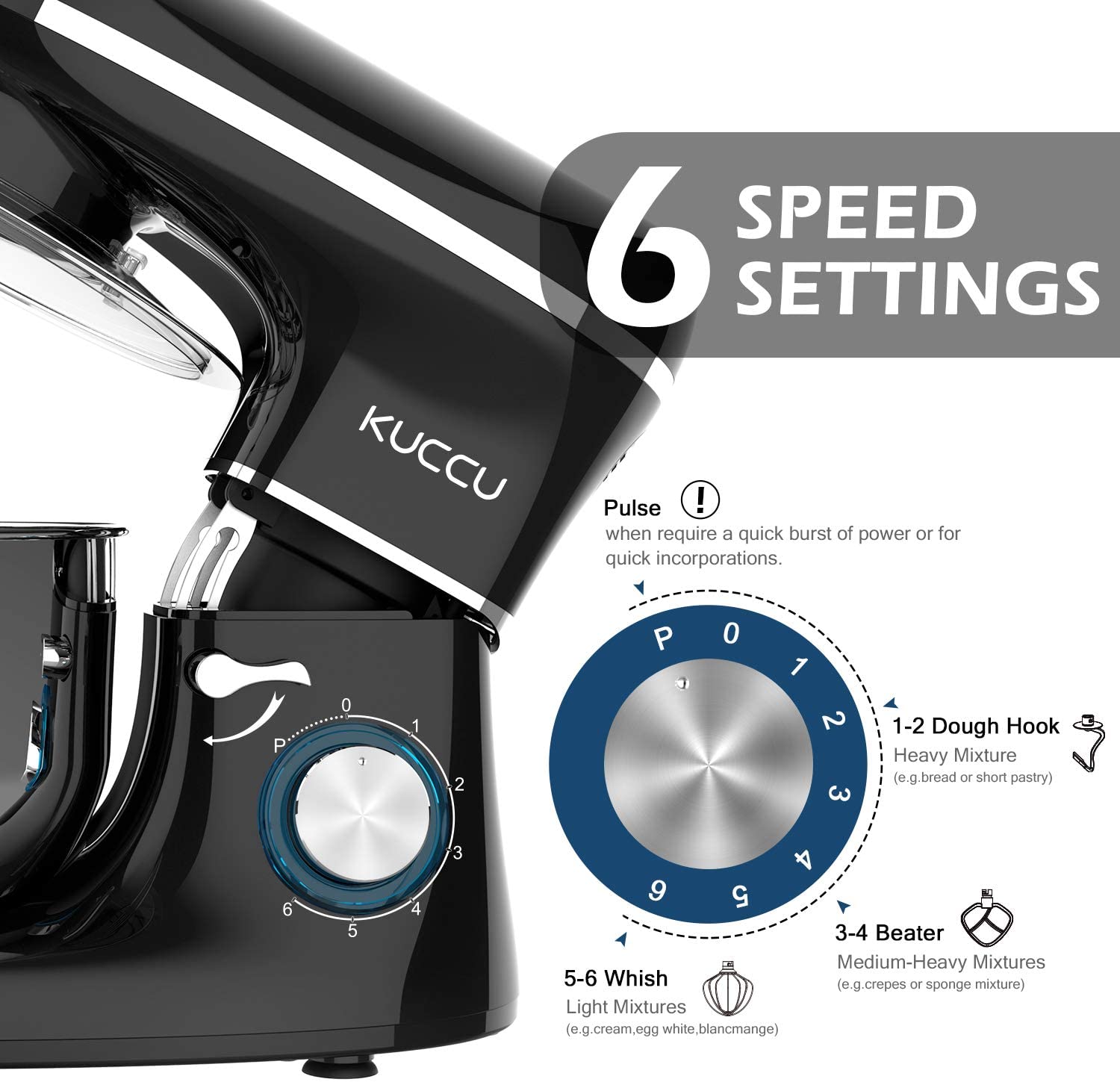 Miniatura Batedeira Kuccu de 6 velocidades com cabeça inclinada para alimentos preto