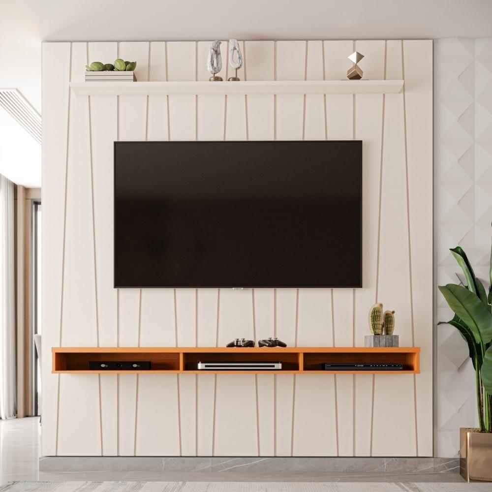 Painel Ripado Horizon Para TV Até 75 Polegadas Com Nicho 225cm Off White Cedro