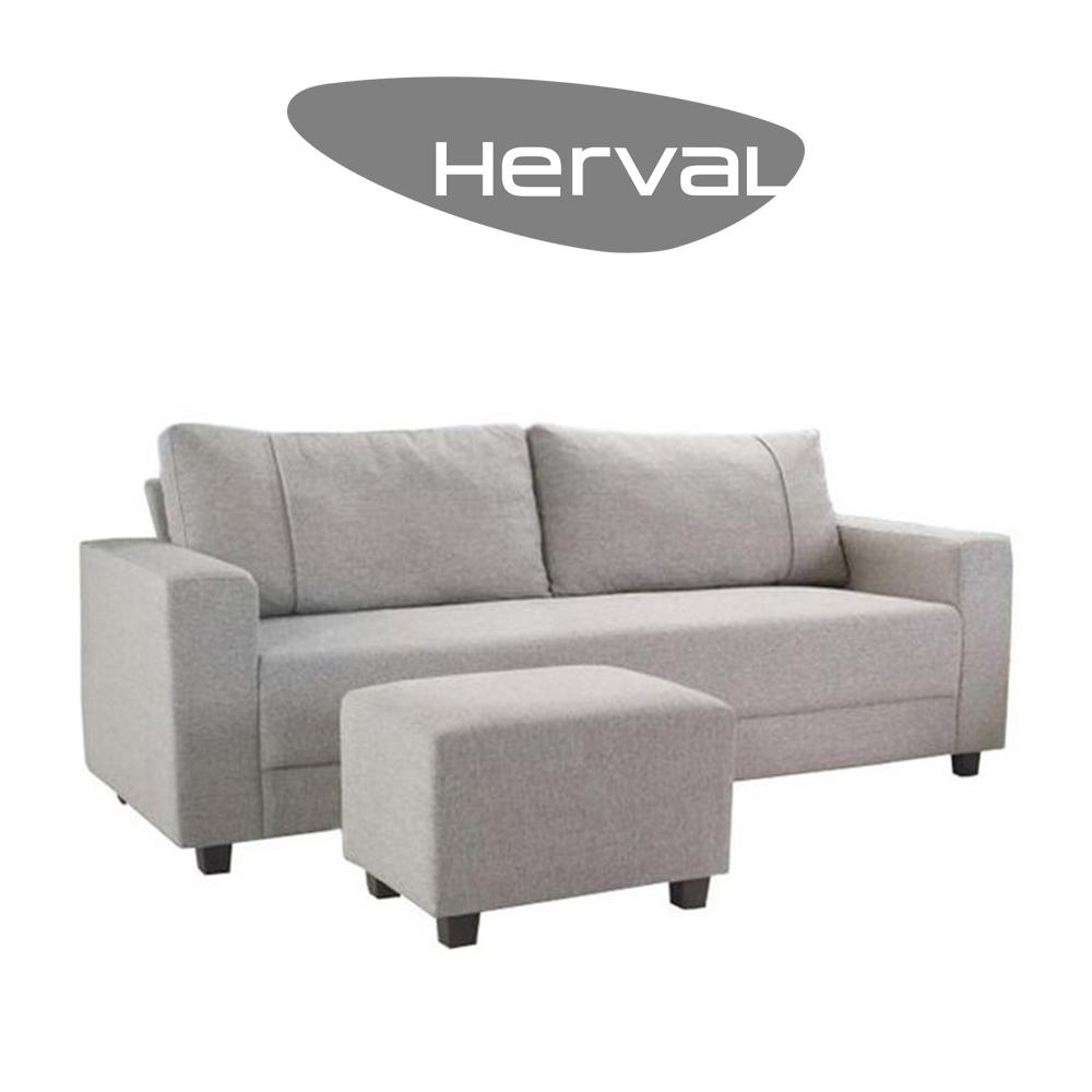 Miniatura Sofá 3 Lugares e Puff Herval Clean, Linho Cinza