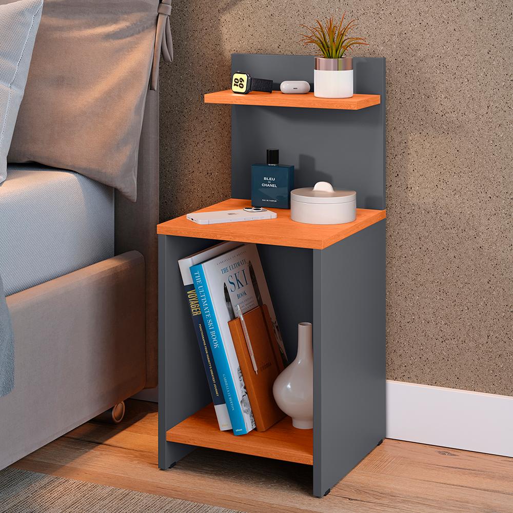 Miniatura Kit Quarto 2 Mesinhas Lateral Fantasy Cinza/Cinamomo Prateleira Nicho Cabeceira Luana Suspensa Cama Box Casal 1,40 Suede - Lojas RPM