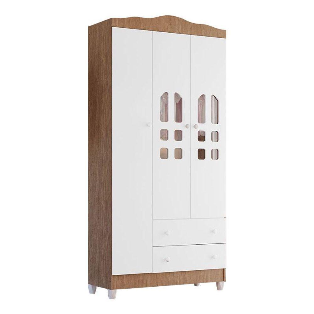 Miniatura Guarda Roupa Infantil New Selena 3 Portas Branco Acetinado Amadeirado - Carolina Móveis