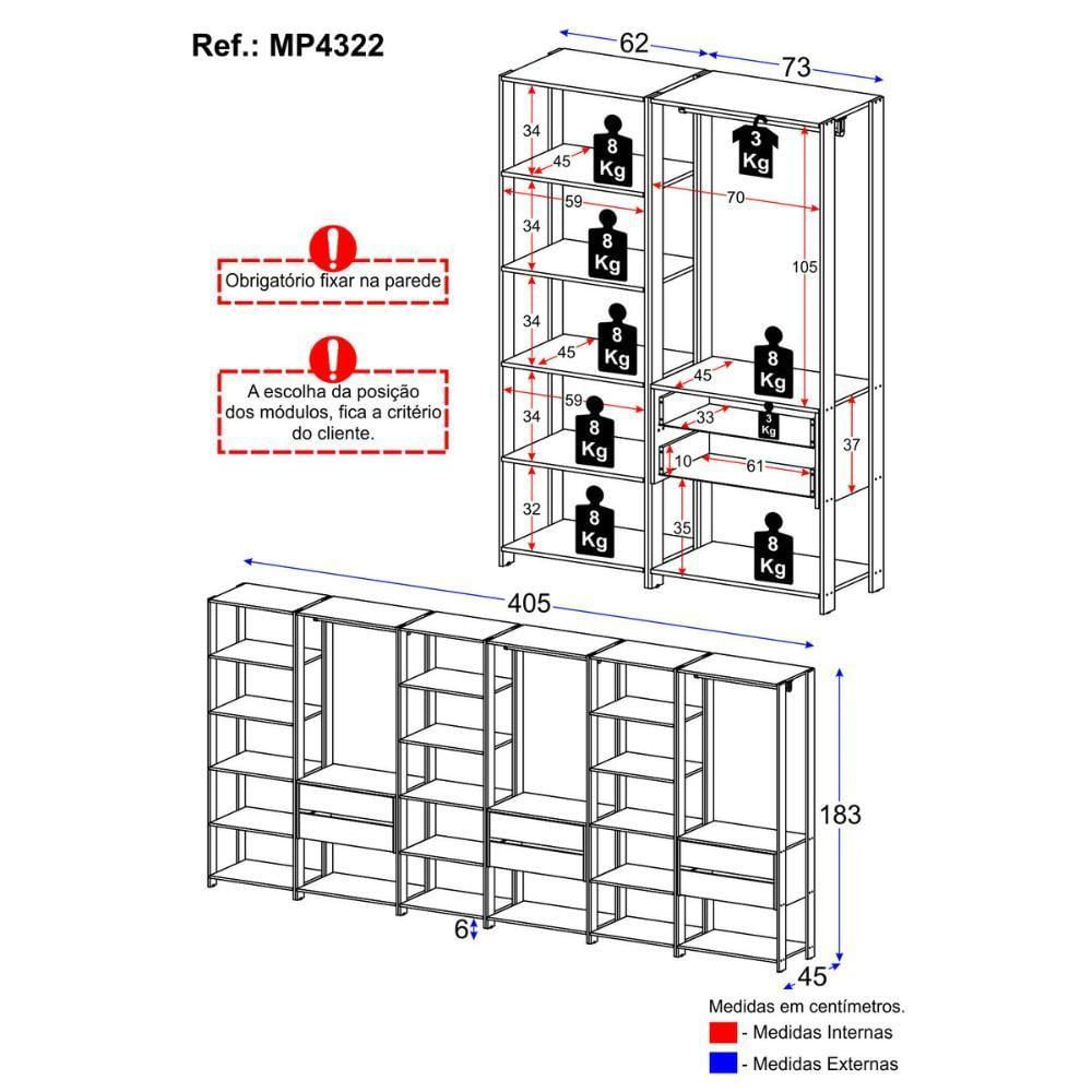 Miniatura Guarda Roupas Closet Modulado 405cm 6 Peças Com 6 Gavetas E Cabideiros Multimóveis MP4322 Branco Madeirado