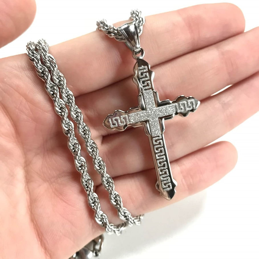 Miniatura Colar Masculino de Aço Inox Torcido Com Pingente Cruz
