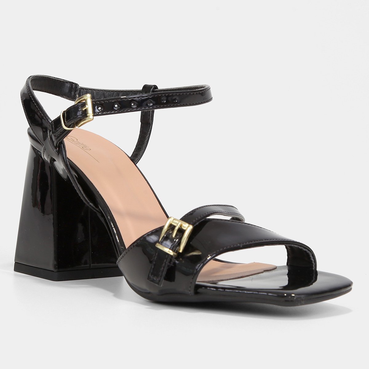 Miniatura Sandália Griffe Salto Bloco Verniz Fivelas Feminina Preto - 34