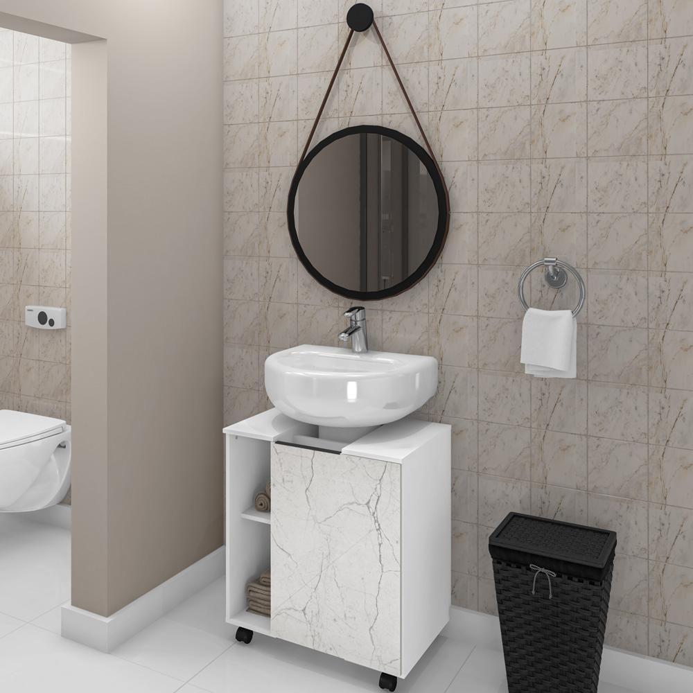 Miniatura Gabinete De Coluna Para Banheiro Branco Com Espelho Preto