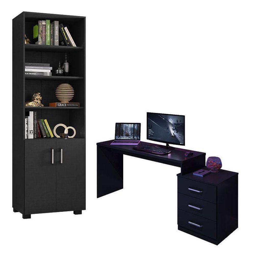 Miniatura Mesa Para Computador Gamer Drx 5000 E Livreiro Office Com Portas Pequenas Preto Trama - Móveis Leão