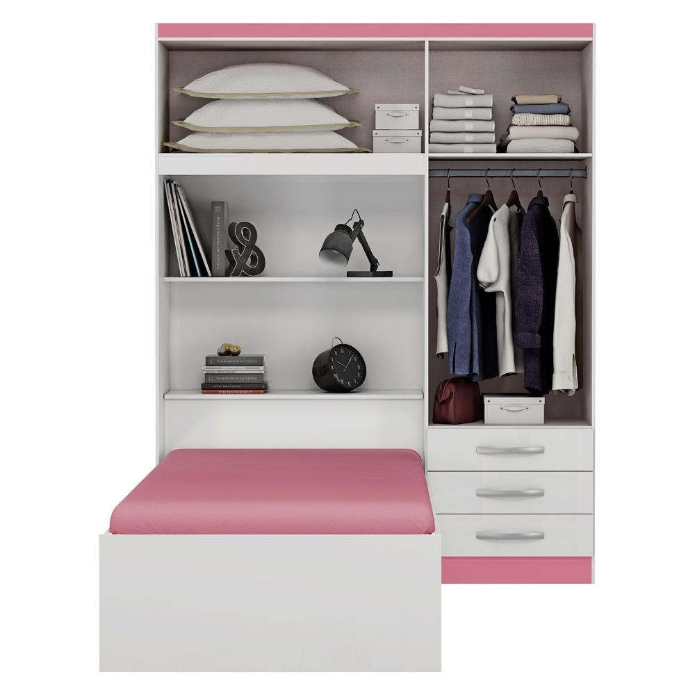 Guarda Roupa Infantil com Cama 4 Portas 3 Gavetas Lisboa Espresso Móveis Branco/Pink