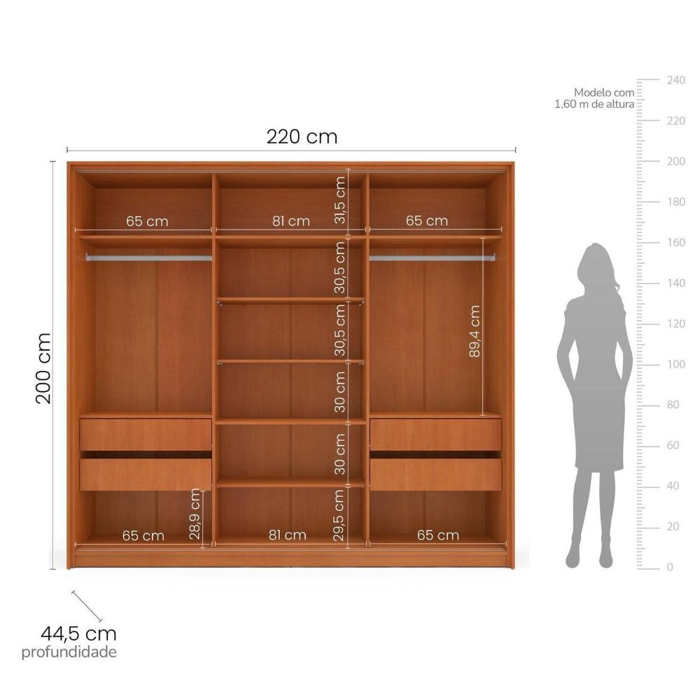 Miniatura Guarda Roupa 3 Portas de Correr 4 Gavetas com Espelho Lisboa Freijo/Creme